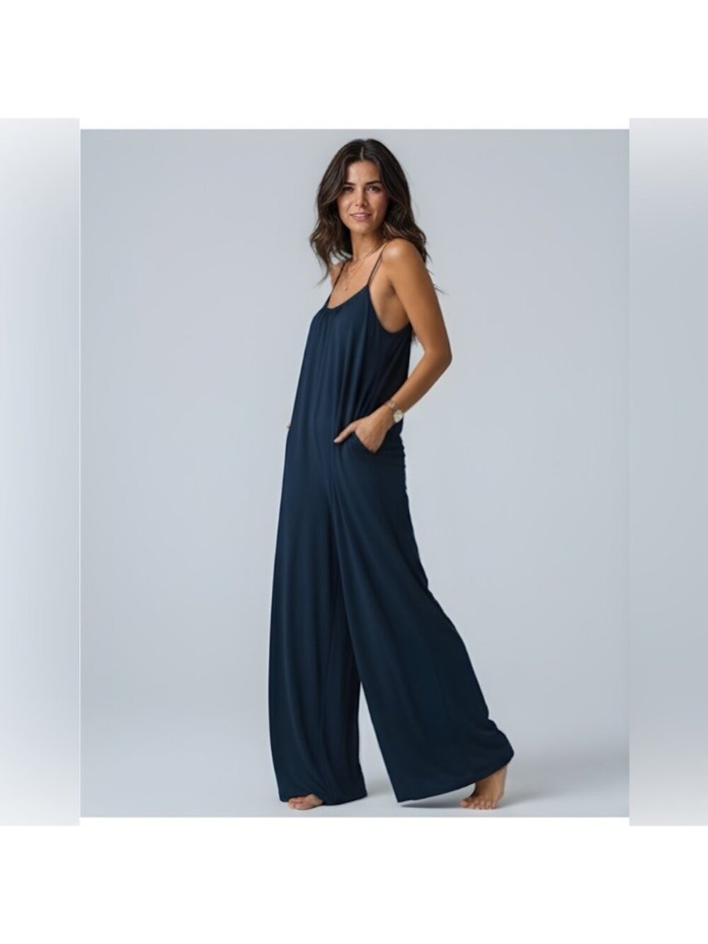 V-Neck Pleated Tank Top Wide-Leg Jumpsuit Navy